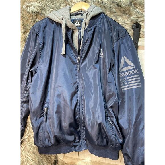Reebok Navy Blue Fleece Lined Polyester Double Zipper Hooded Jacket / Coat Men L - Picture 1 of 7